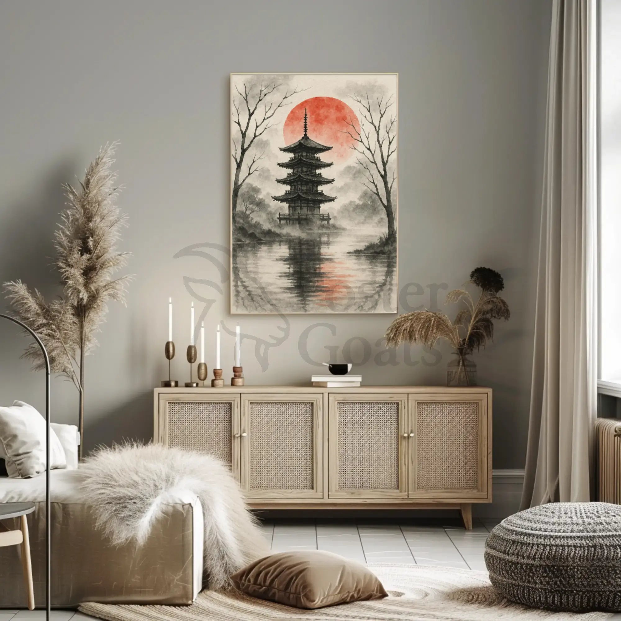 Serene Asian Pagoda Tranquil Artistic Landscape Poster PosterGoat