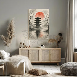 Serene Asian Pagoda Tranquil Artistic Landscape Poster PosterGoat