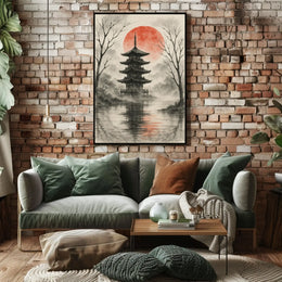 Serene Asian Pagoda Tranquil Artistic Landscape Poster PosterGoat