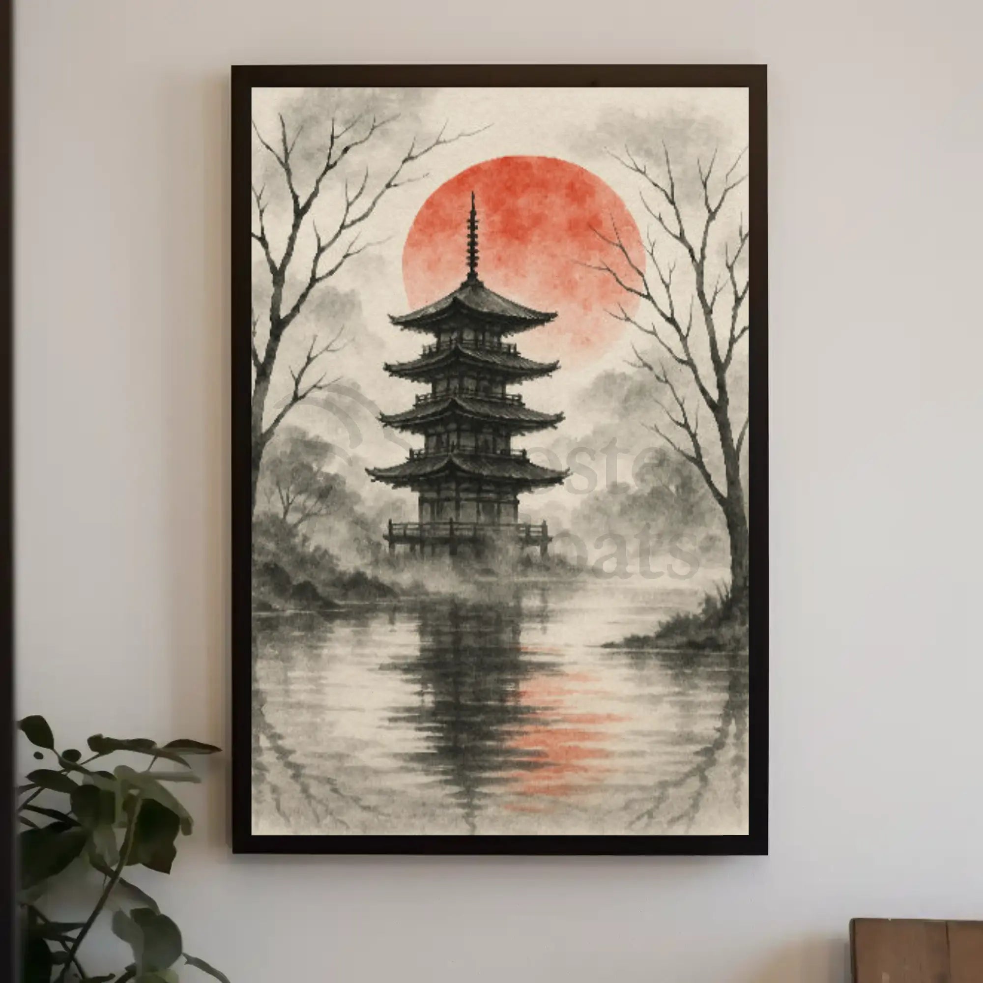 Serene Asian Pagoda Tranquil Artistic Landscape Poster PosterGoat