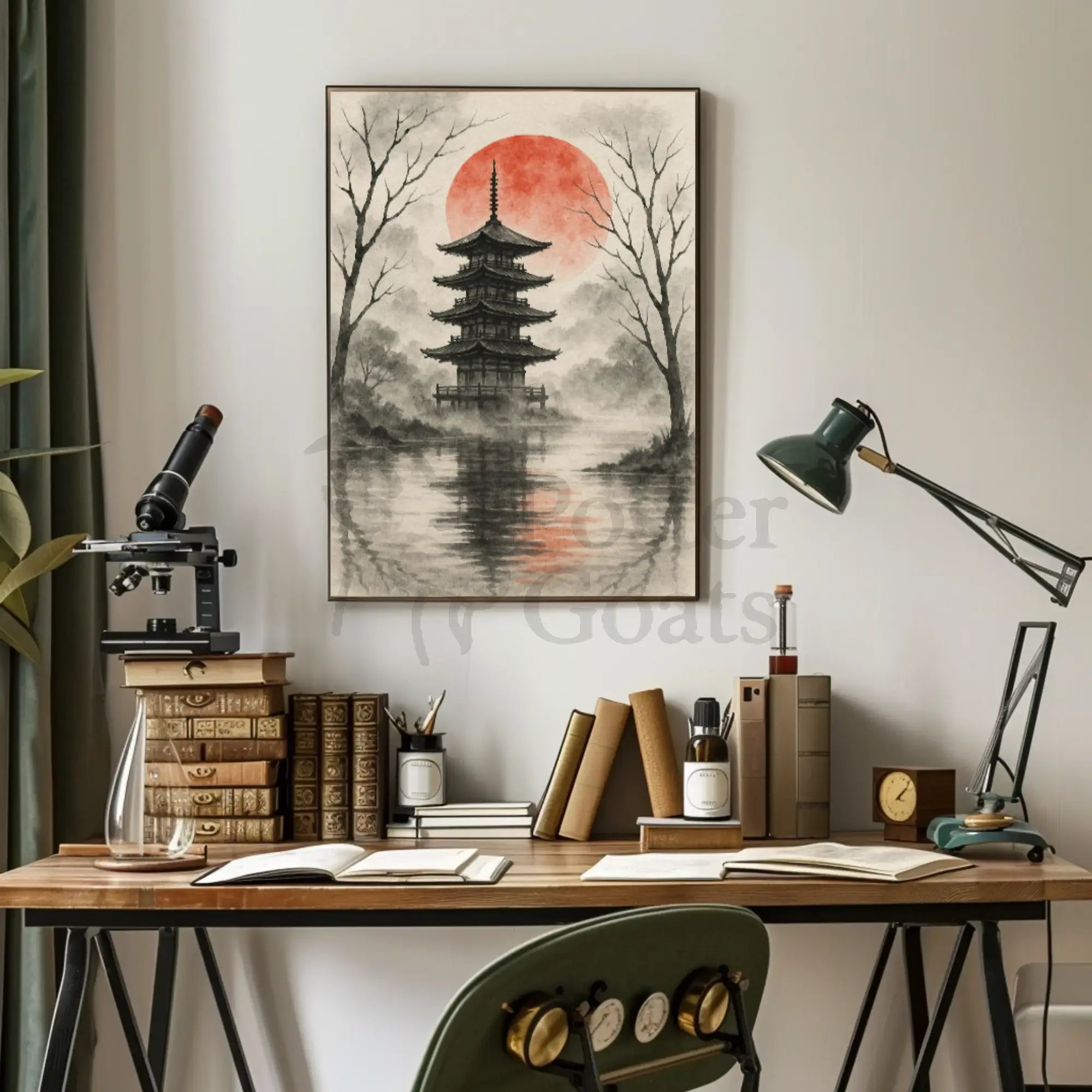 Serene Asian Pagoda Tranquil Artistic Landscape Poster PosterGoat