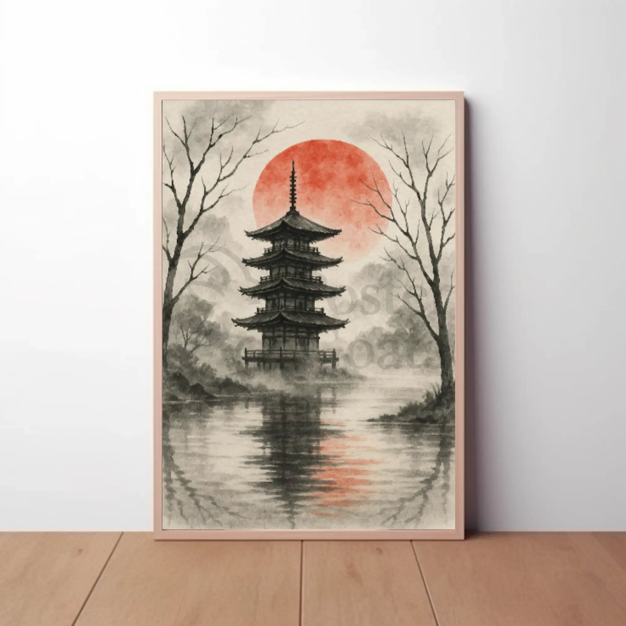 Serene Asian Pagoda Tranquil Artistic Landscape Poster PosterGoat