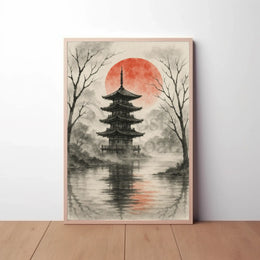 Serene Asian Pagoda Tranquil Artistic Landscape Poster PosterGoat