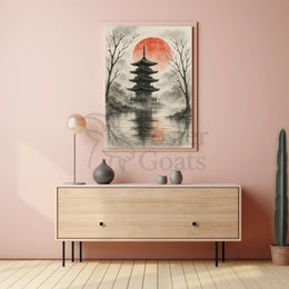 Serene Asian Pagoda Tranquil Artistic Landscape Poster PosterGoat