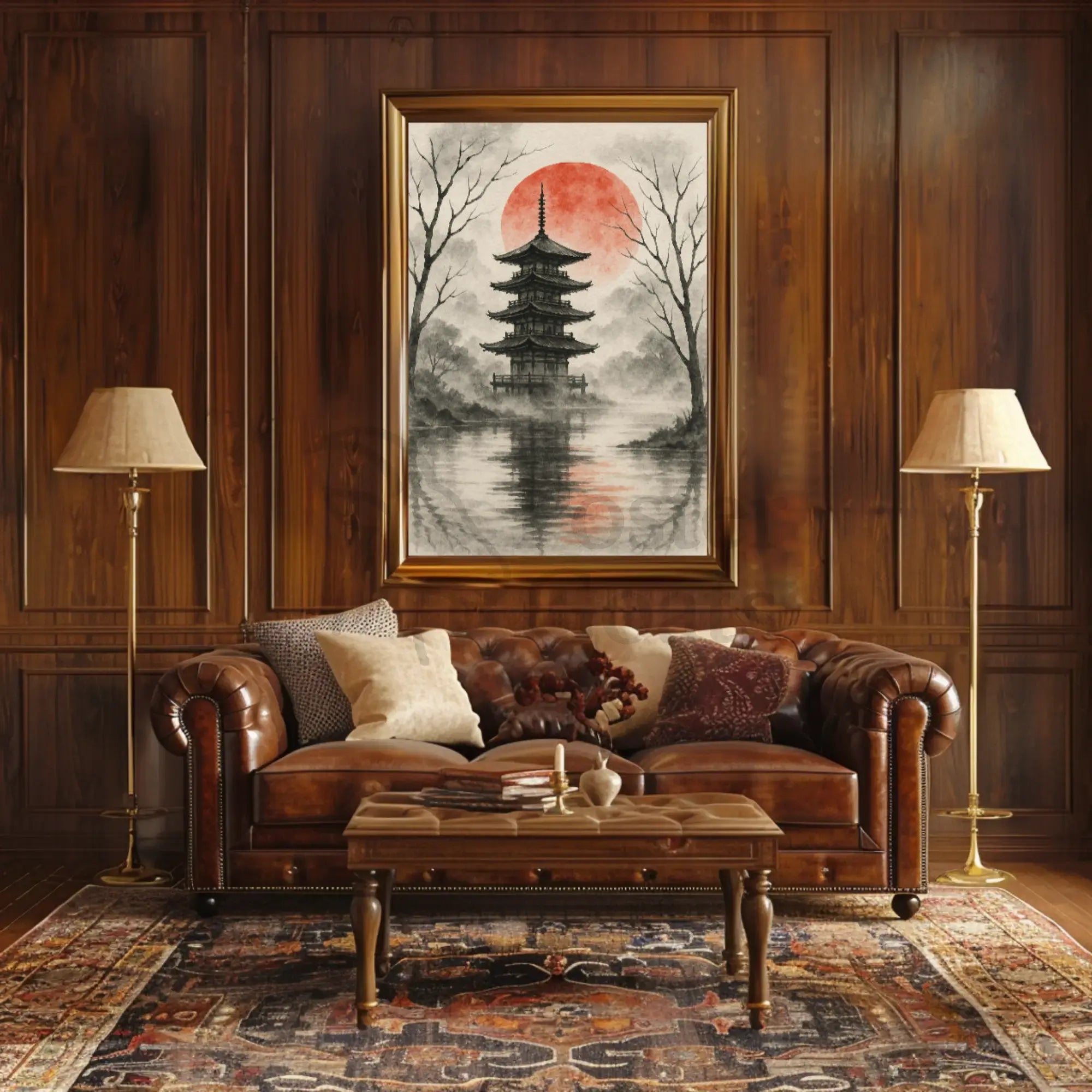 Serene Asian Pagoda Tranquil Artistic Landscape Poster PosterGoat