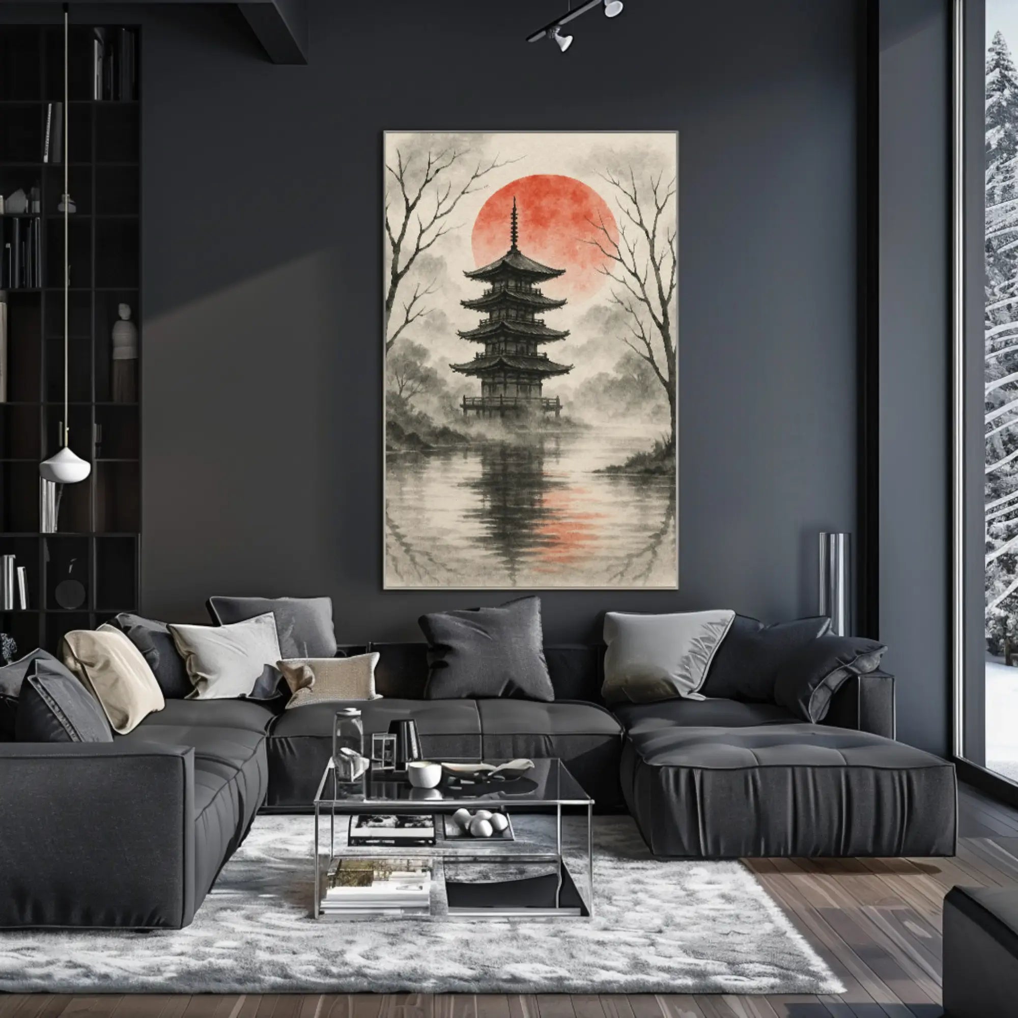 Serene Asian Pagoda Tranquil Artistic Landscape Poster PosterGoat