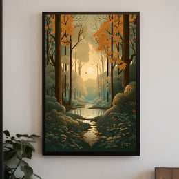 Serene Autumn Forest Scene Captured in Artistic Poster PosterGoat