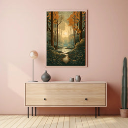 Serene Autumn Forest Scene Captured in Artistic Poster PosterGoat