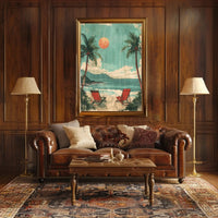 Serene Beach Scene Travel Poster with Red Beach Chairs PosterGoat