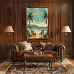 Serene Beach Scene Travel Poster with Red Beach Chairs PosterGoat