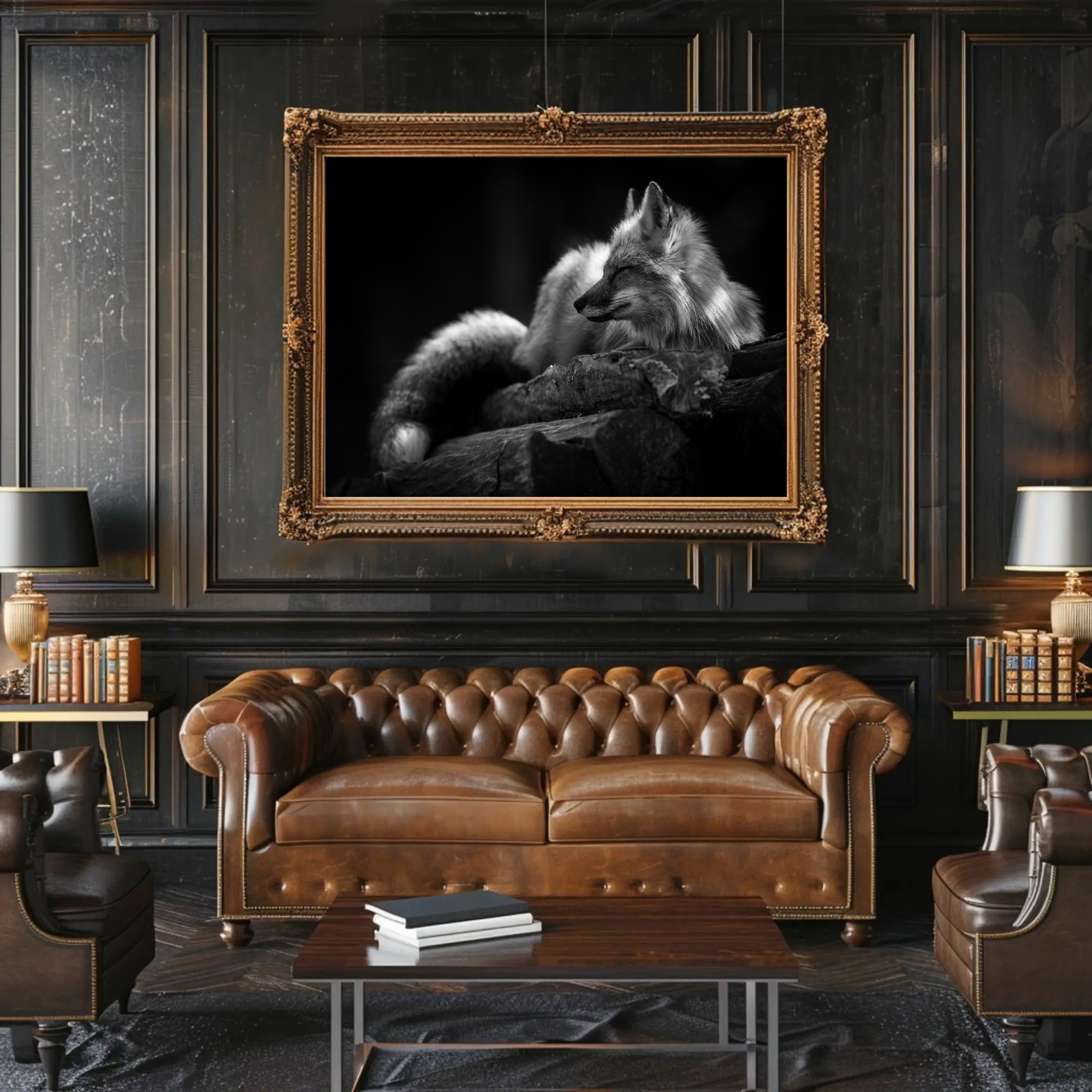 Serene Black and White Fox Resting Animal Poster PosterGoat
