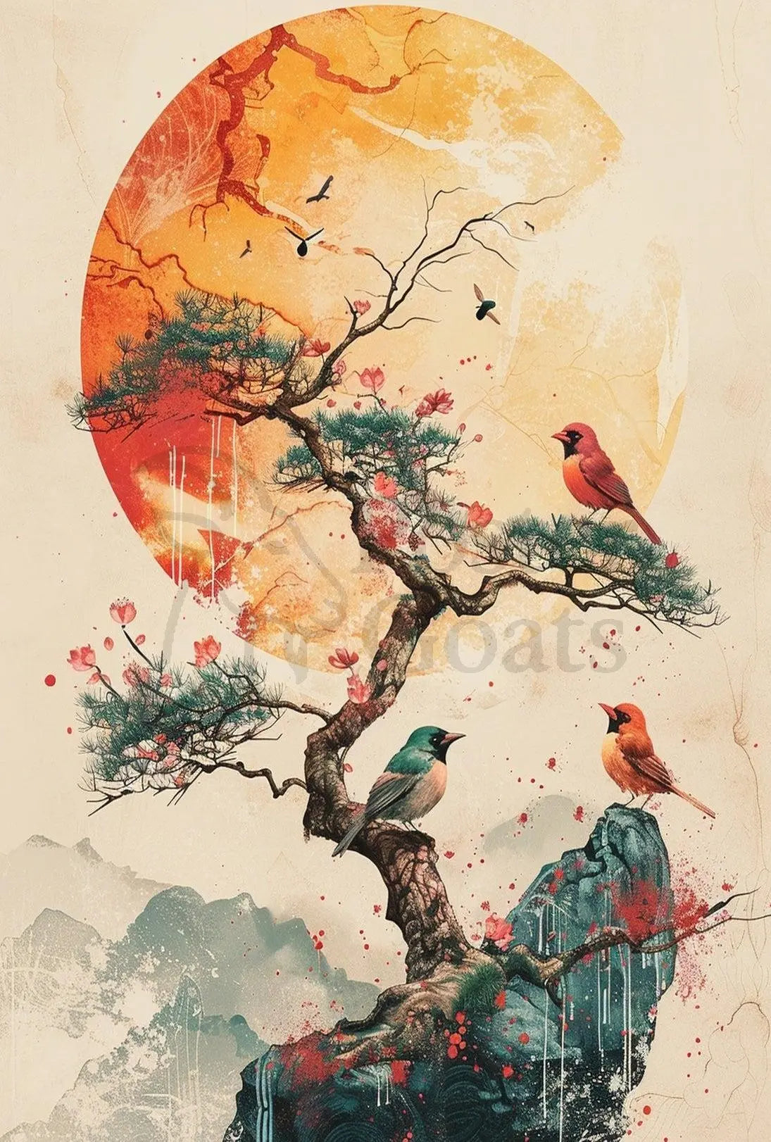 Serene Bonsai Tree with Birds Artistic Poster PosterGoat