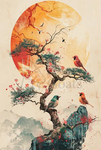 Serene Bonsai Tree with Birds Artistic Poster PosterGoat