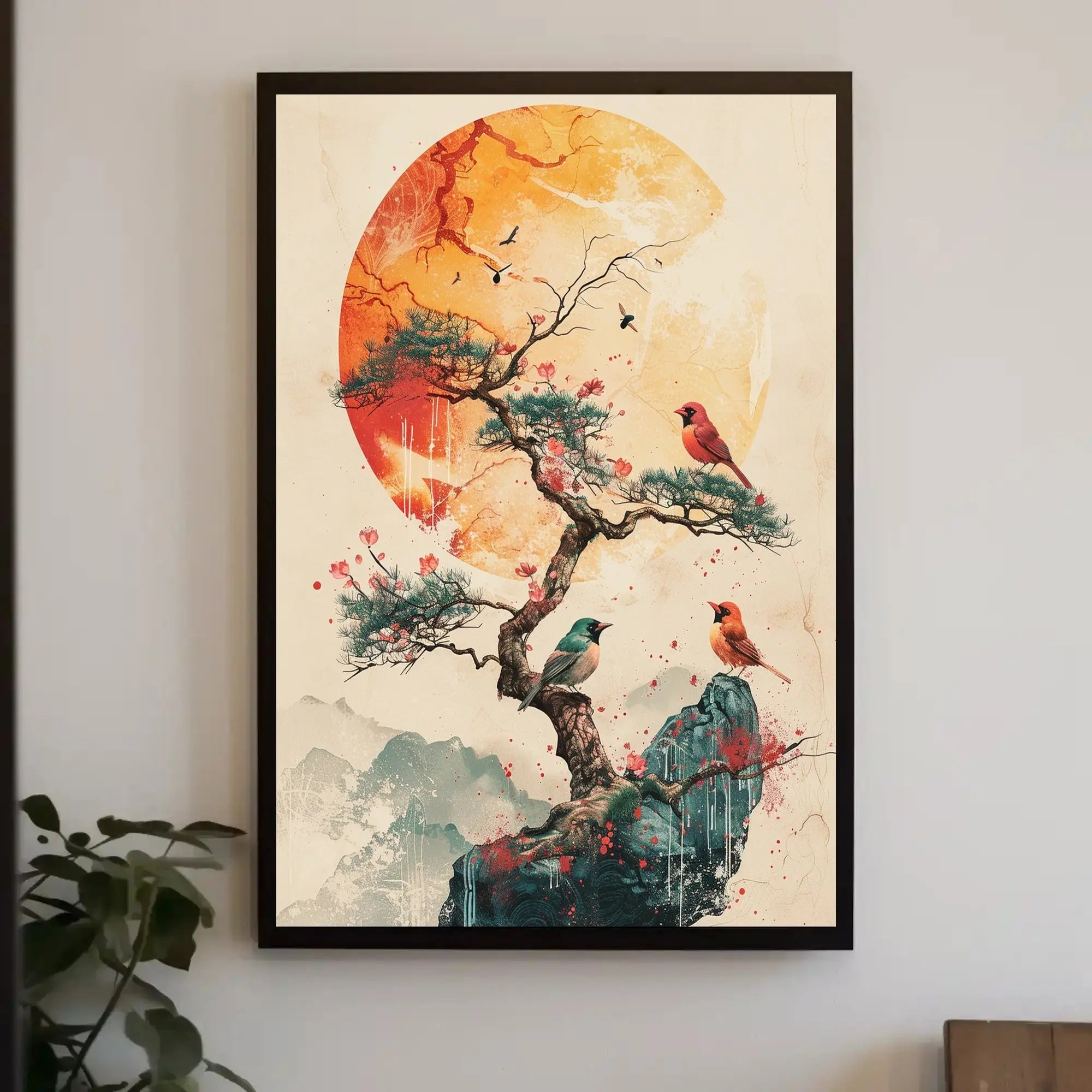 Serene Bonsai Tree with Birds Artistic Poster PosterGoat