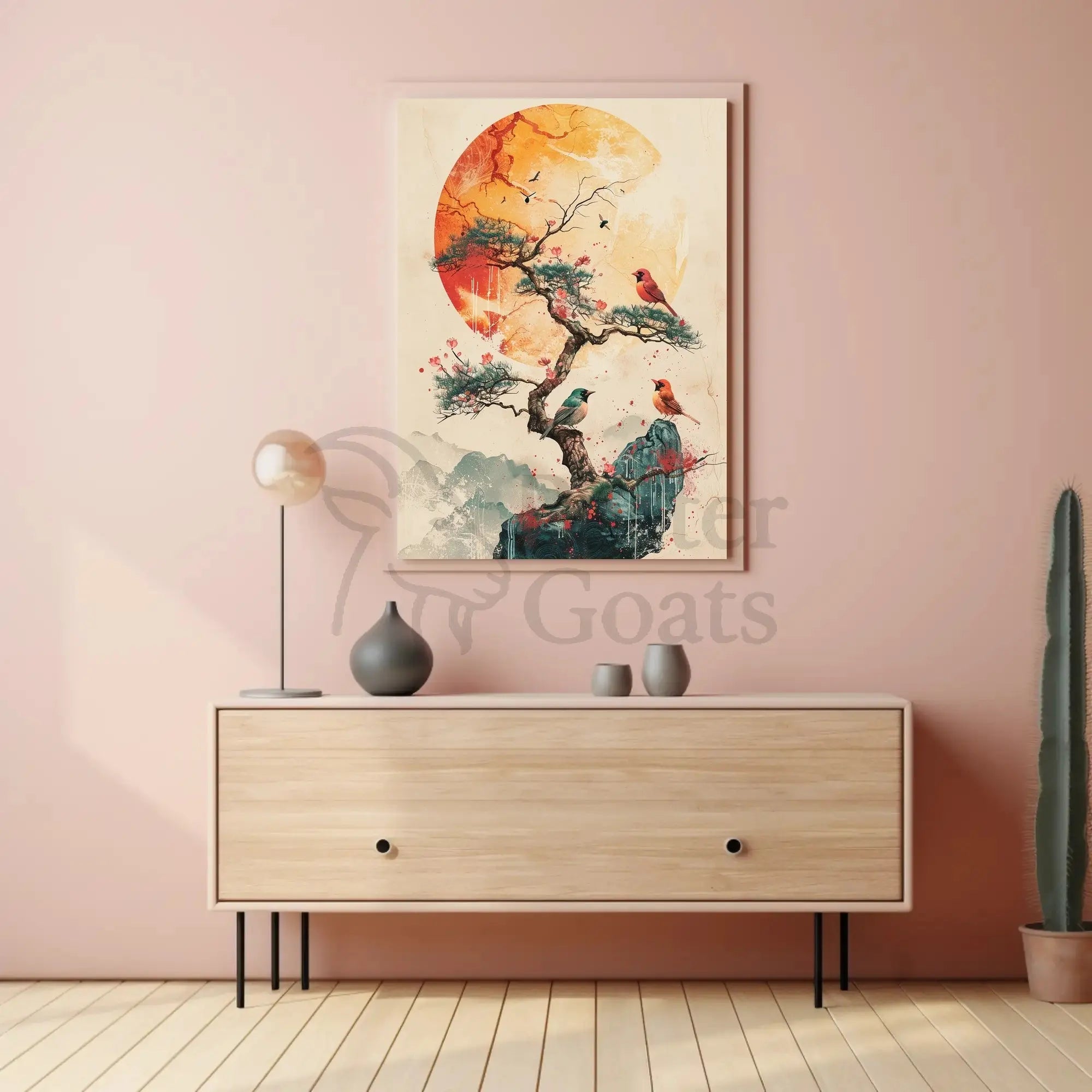 Serene Bonsai Tree with Birds Artistic Poster PosterGoat