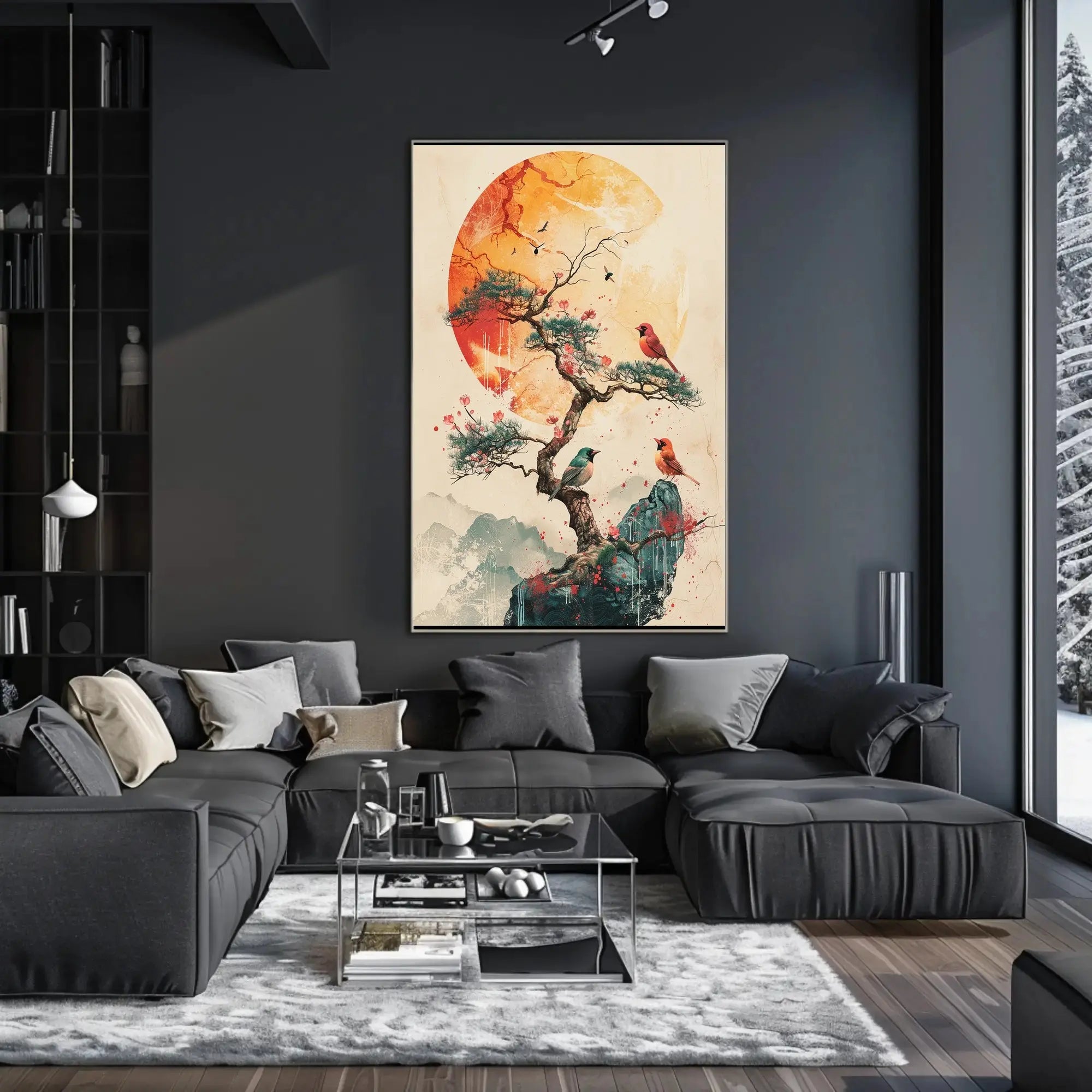 Serene Bonsai Tree with Birds Artistic Poster PosterGoat