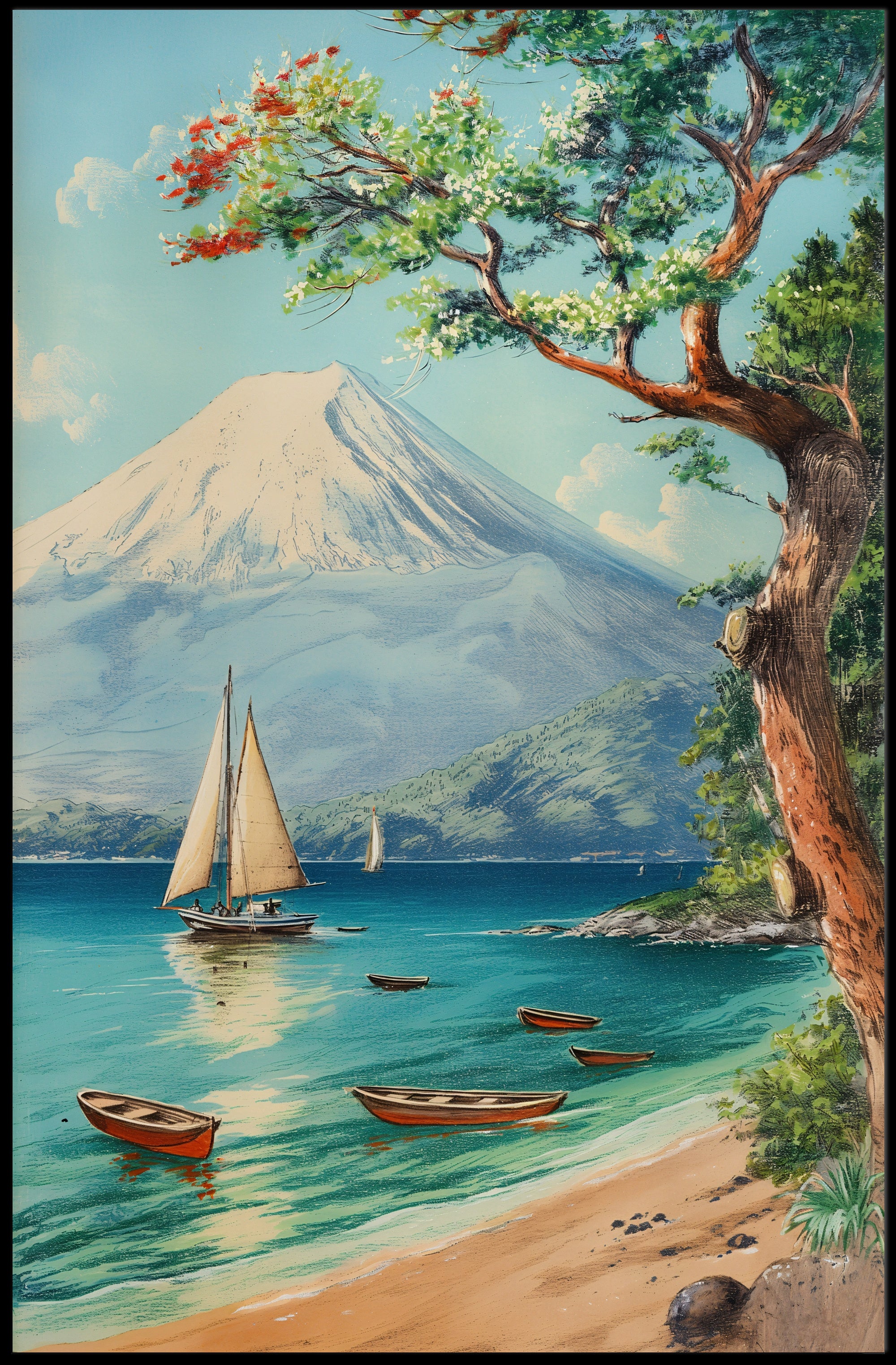 Serene Coastal Scene with Mount Fuji Travel Poster PosterGoat