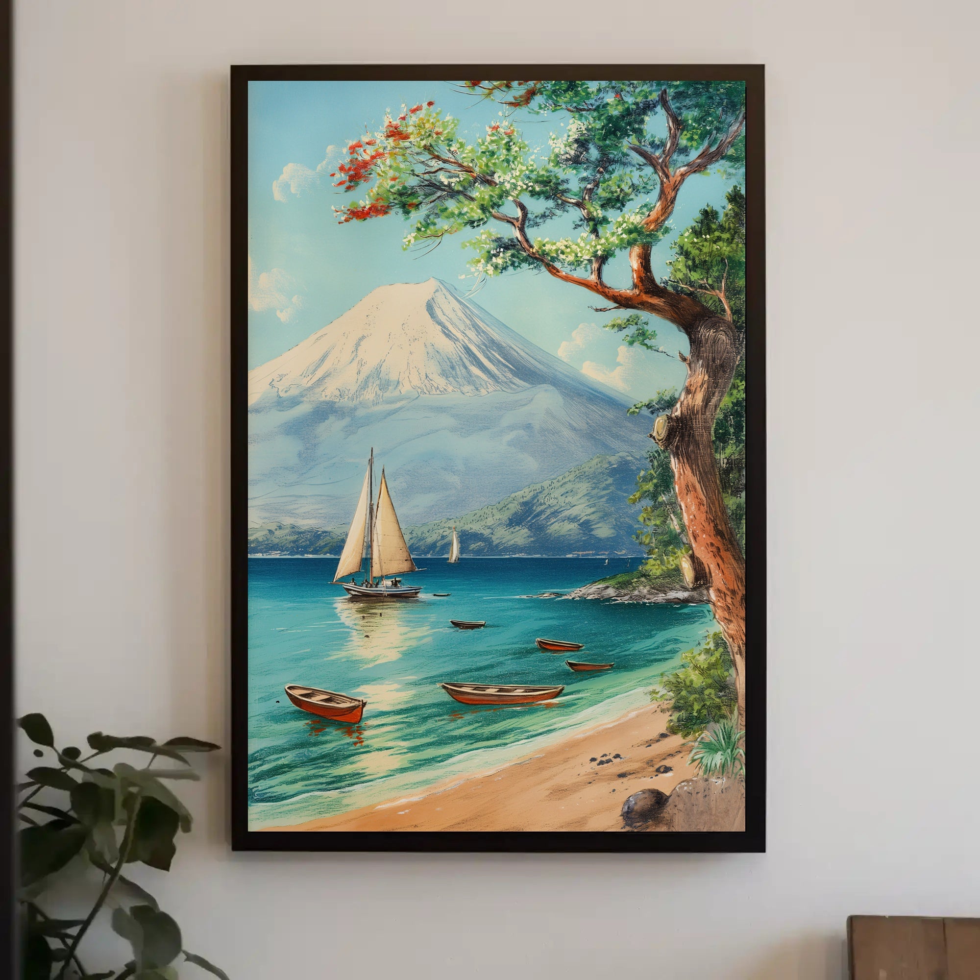 Serene Coastal Scene with Mount Fuji Travel Poster PosterGoat