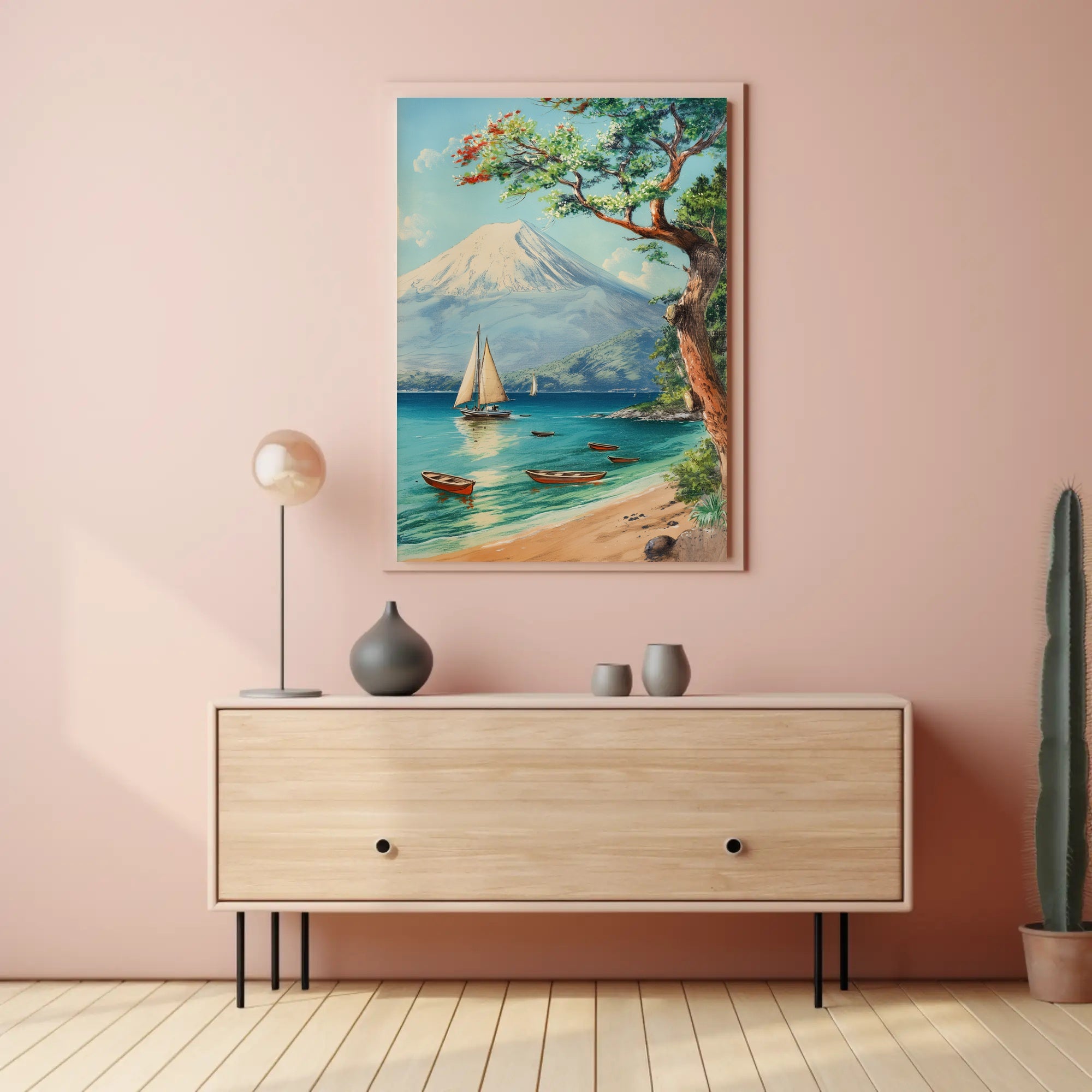 Serene Coastal Scene with Mount Fuji Travel Poster PosterGoat