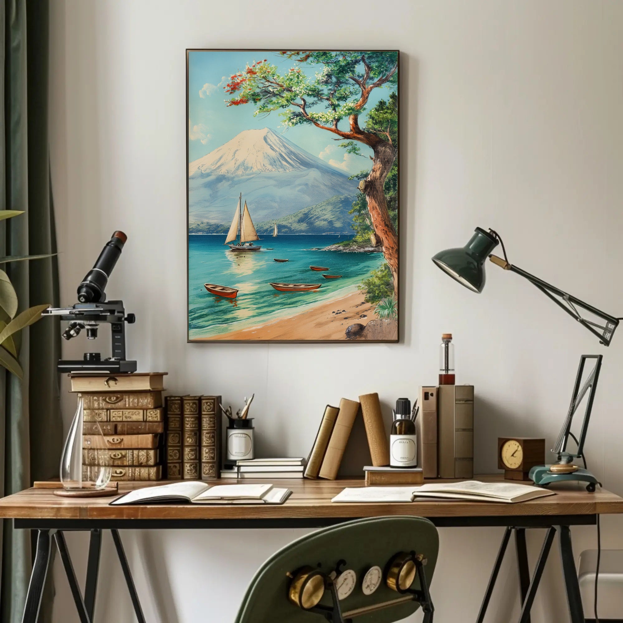 Serene Coastal Scene with Mount Fuji Travel Poster PosterGoat