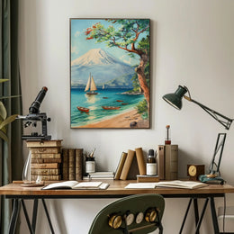 Serene Coastal Scene with Mount Fuji Travel Poster PosterGoat