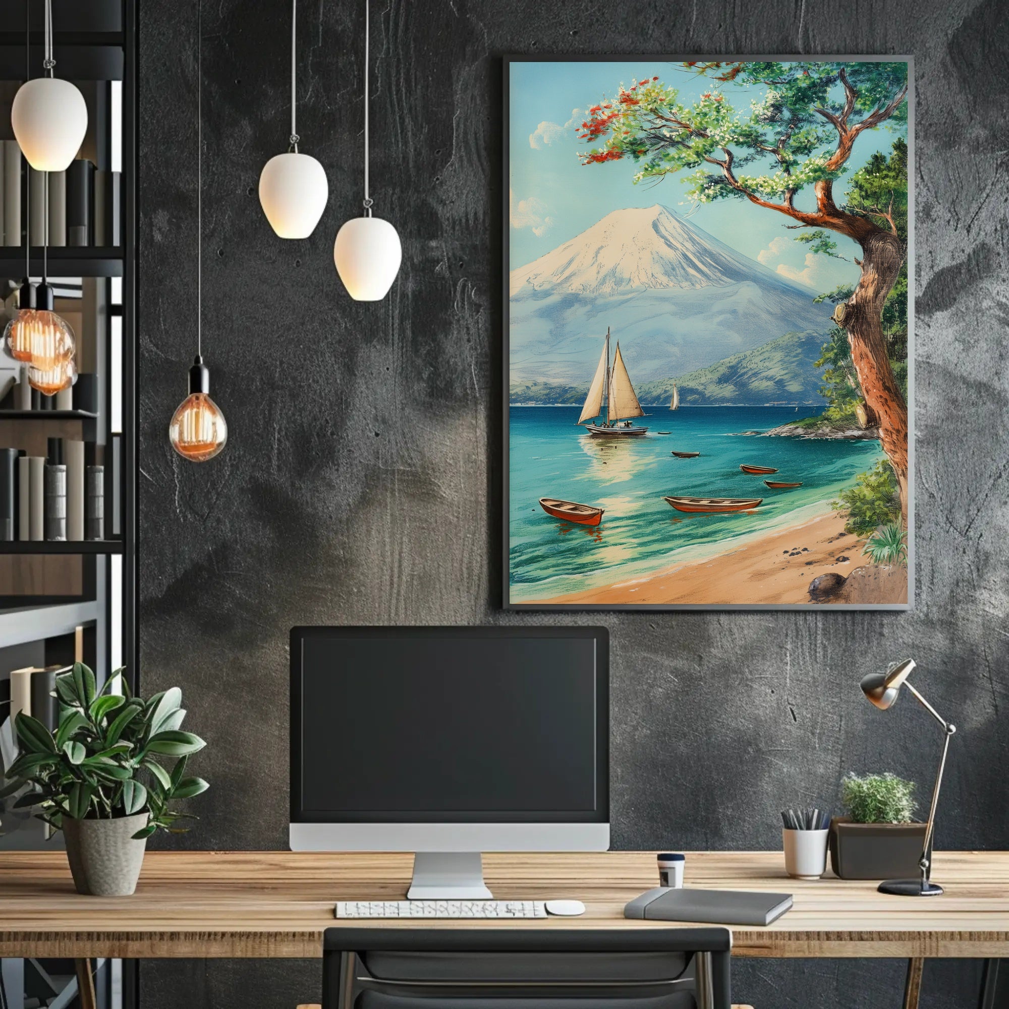 Serene Coastal Scene with Mount Fuji Travel Poster PosterGoat