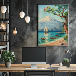 Serene Coastal Scene with Mount Fuji Travel Poster PosterGoat