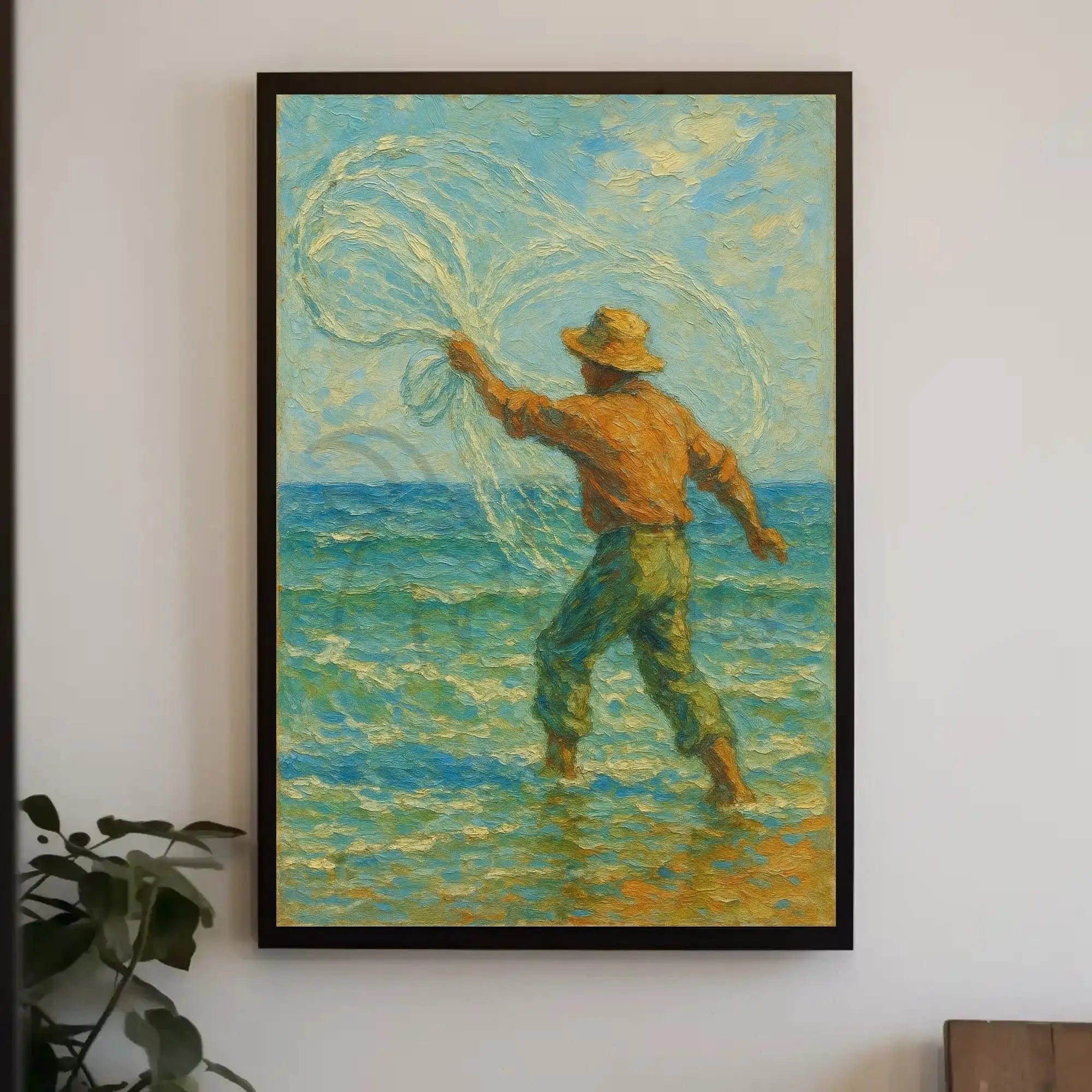 Serene Fisherman Casting Net, Artistic Heritage Poster PosterGoat