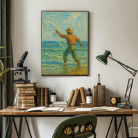 Serene Fisherman Casting Net, Artistic Heritage Poster PosterGoat