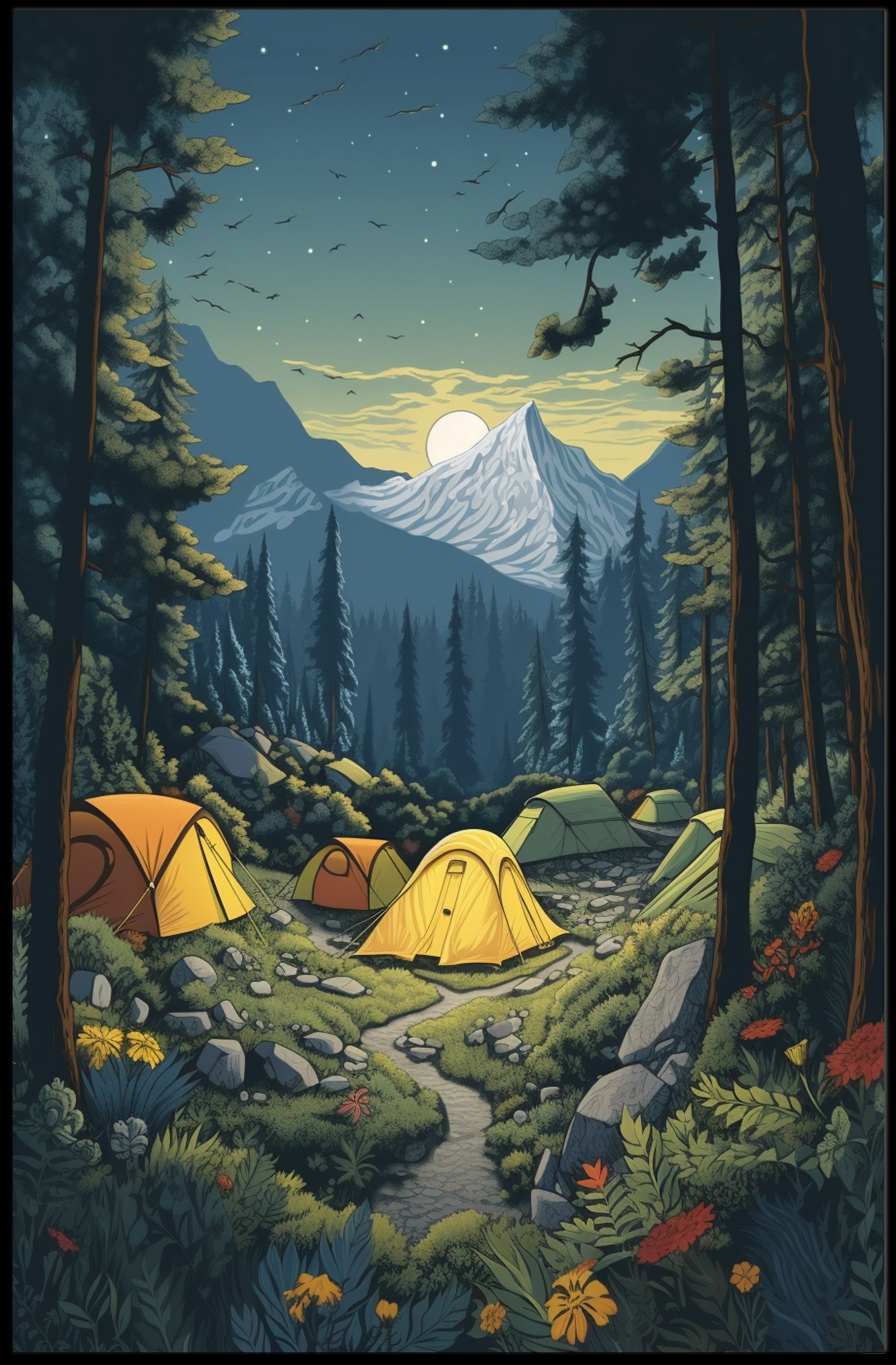 Serene Forest Camping Retreat with Mountain View National Park Poster PosterGoat