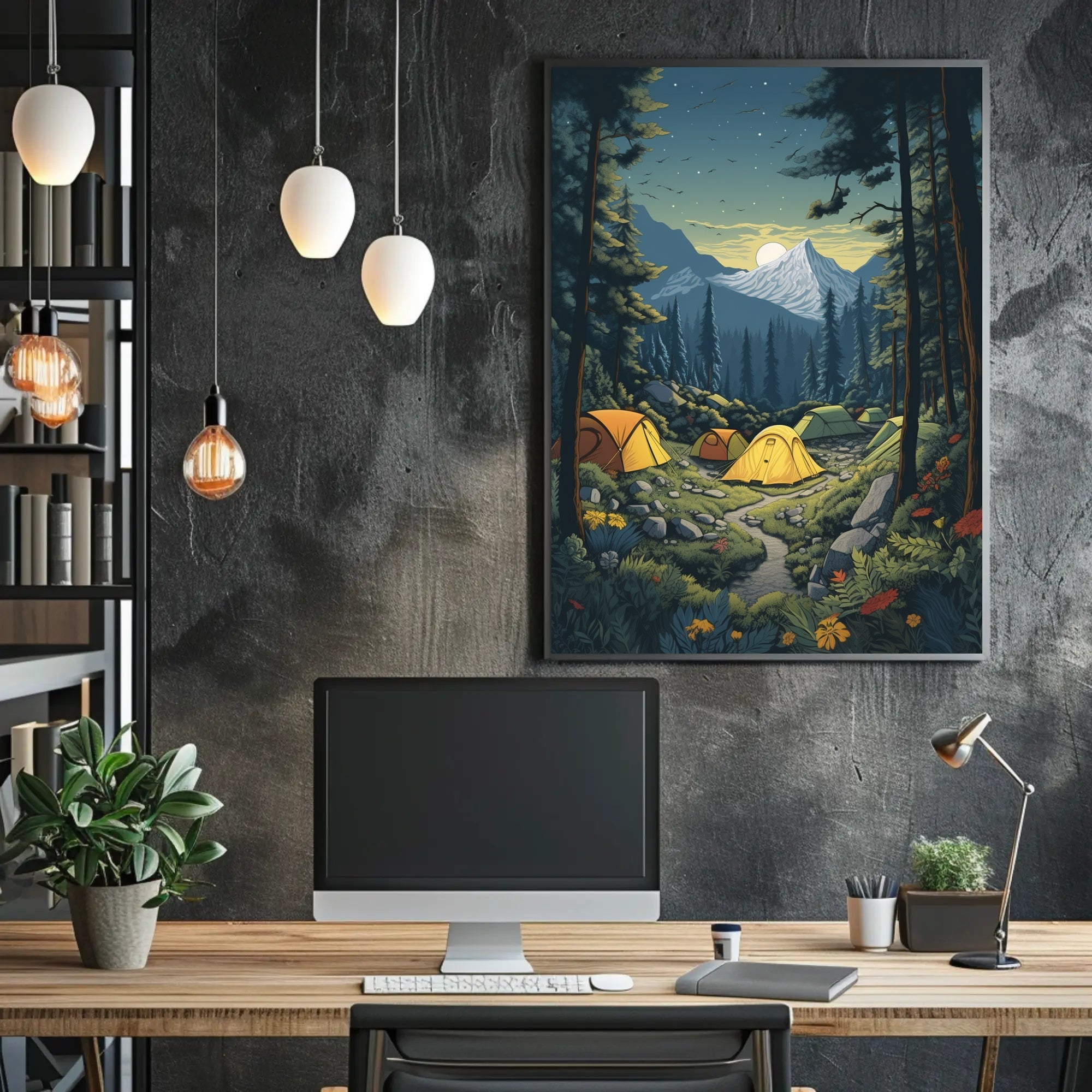 Serene Forest Camping Retreat with Mountain View National Park Poster PosterGoat