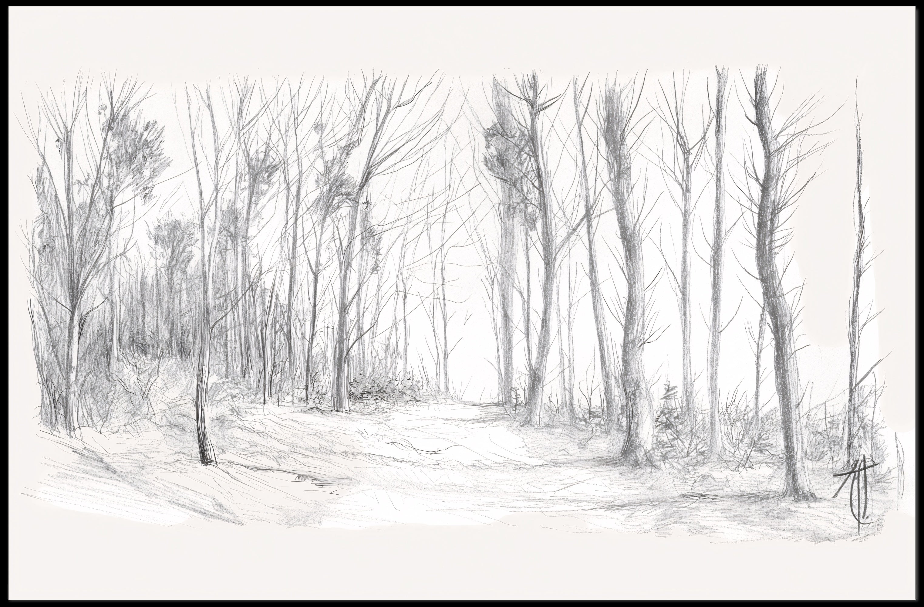 Serene Forest Path Pencil Sketch Artistic Poster PosterGoat
