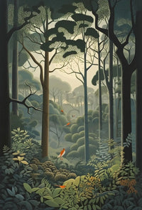 Serene Forest with Vibrant Birds Artistic Poster PosterGoat