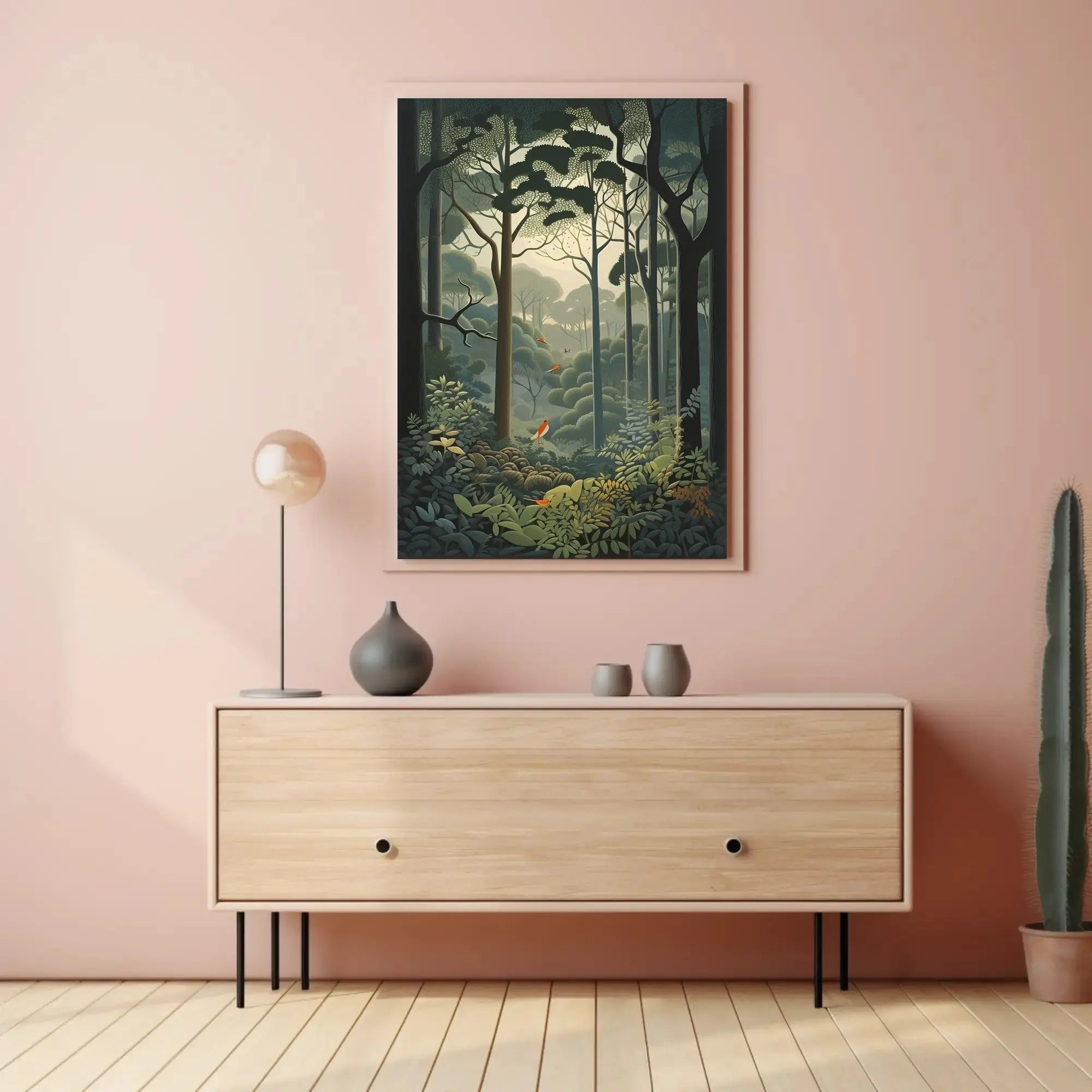 Serene Forest with Vibrant Birds Artistic Poster PosterGoat