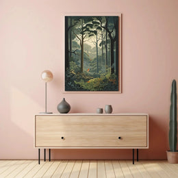 Serene Forest with Vibrant Birds Artistic Poster PosterGoat