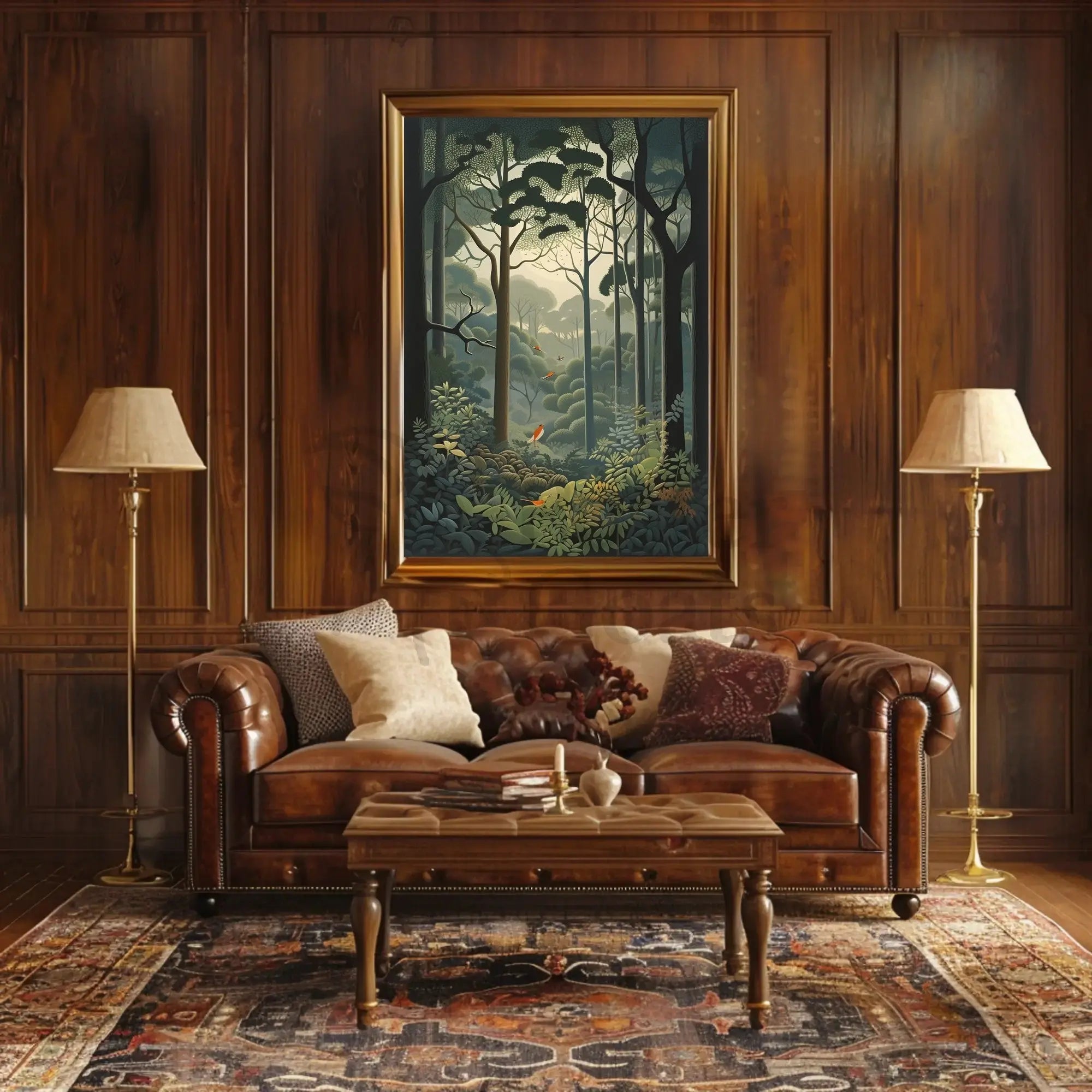 Serene Forest with Vibrant Birds Artistic Poster PosterGoat