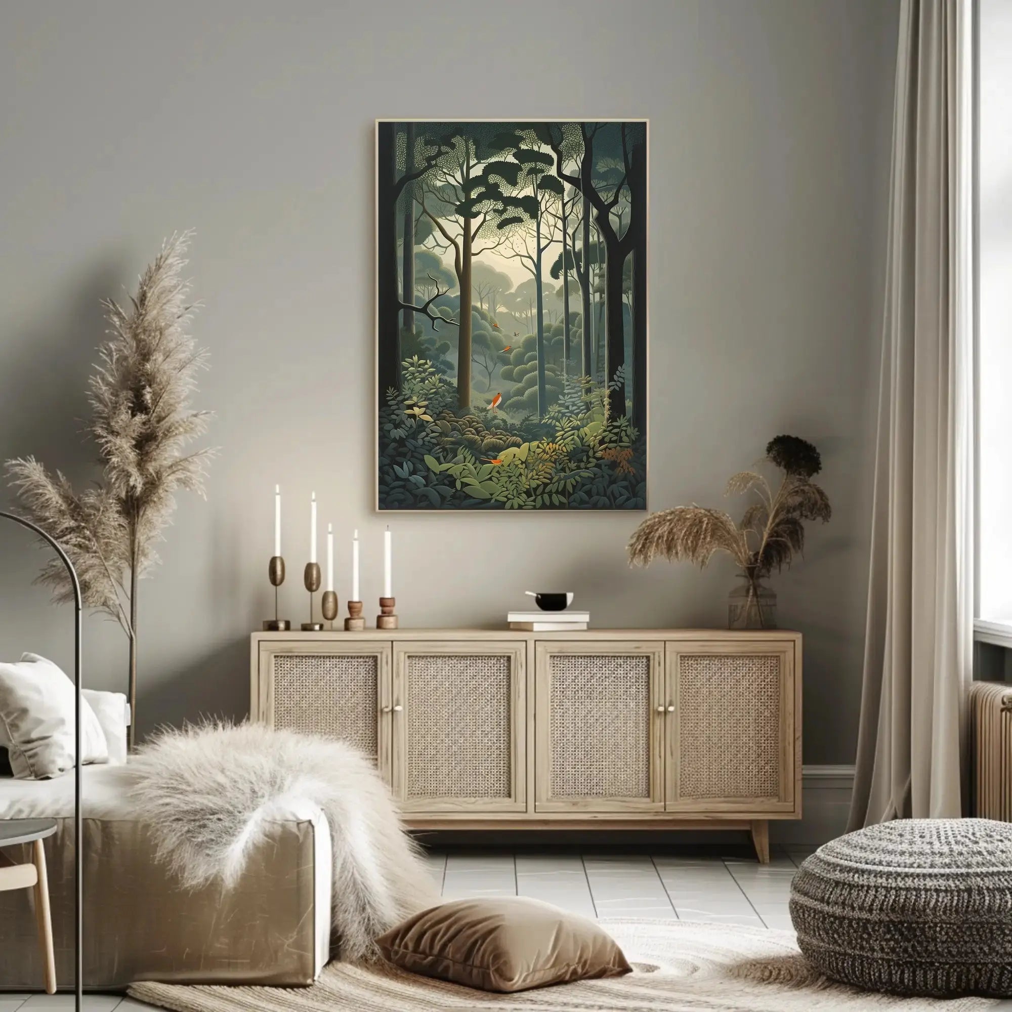 Serene Forest with Vibrant Birds Artistic Poster PosterGoat