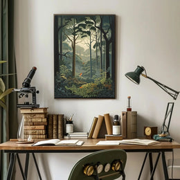 Serene Forest with Vibrant Birds Artistic Poster PosterGoat