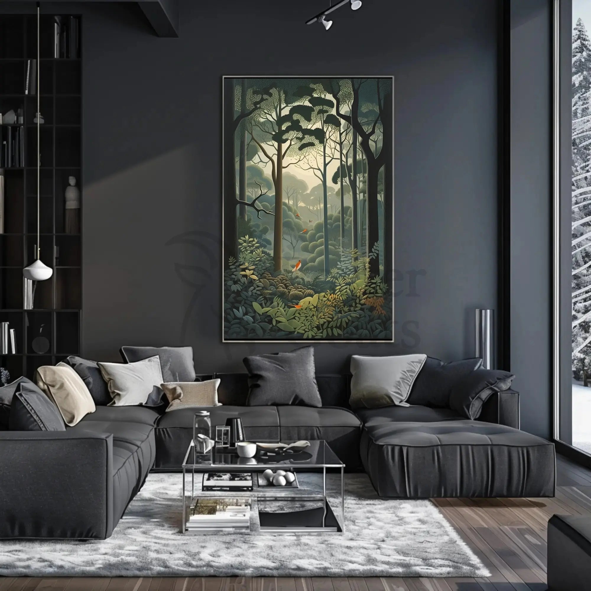 Serene Forest with Vibrant Birds Artistic Poster PosterGoat