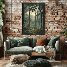 Serene Forest with Vibrant Birds Artistic Poster PosterGoat