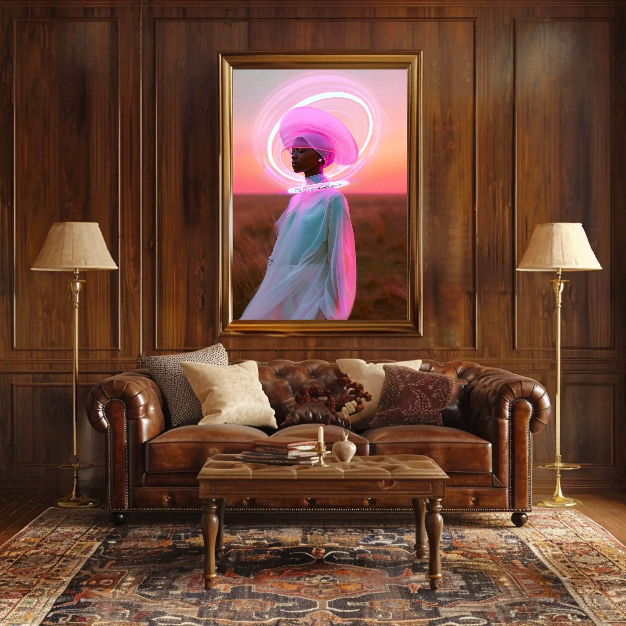 Serene Futuristic Visionary in Surreal Neon Hues Sci-Fi Poster PosterGoat