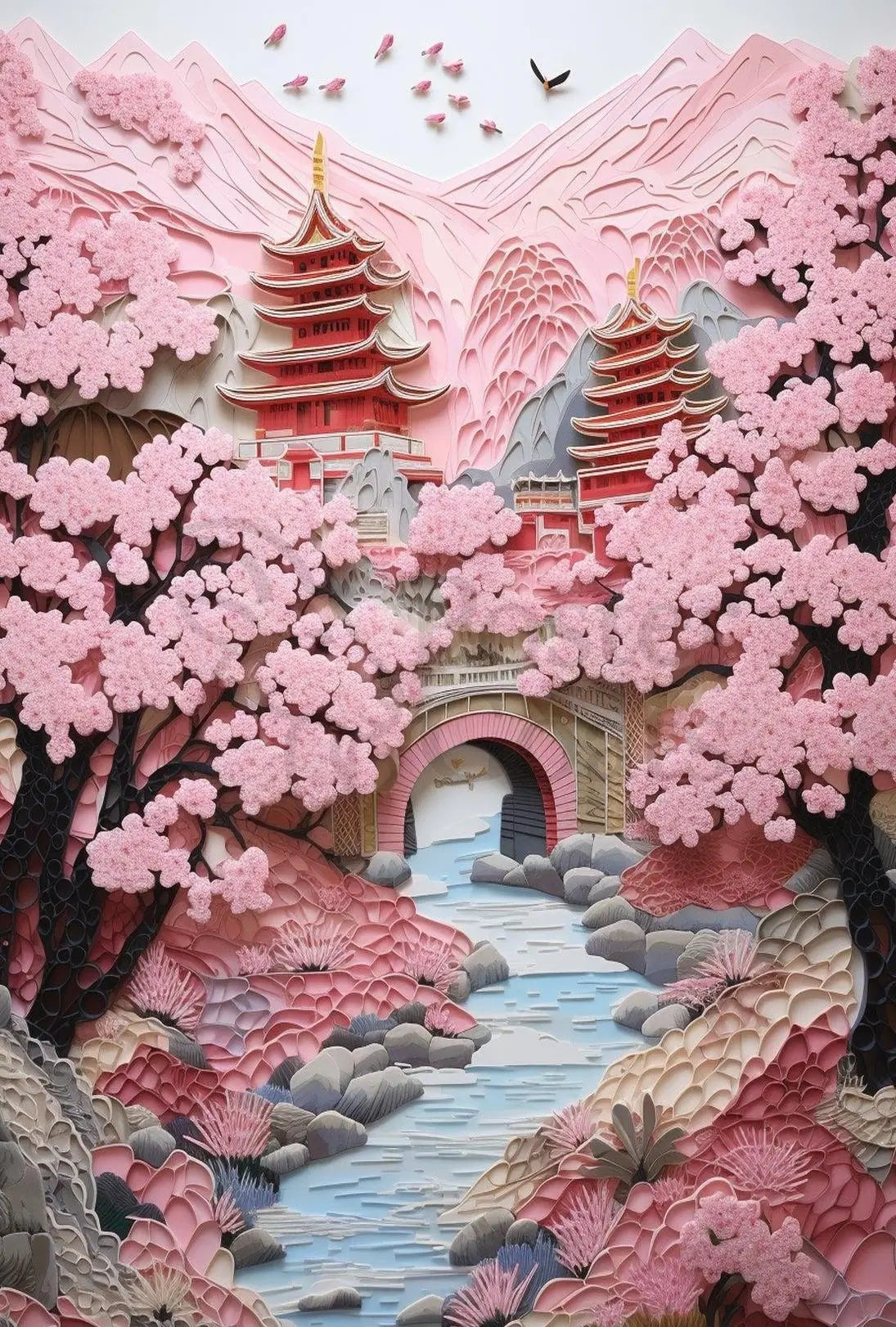 Serene Japanese Landscape Paper-Cut Art Cultural Heritage Poster PosterGoat