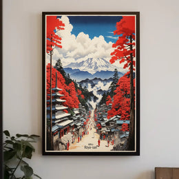 Serene Japanese Landscape with Traditional Pagodas Cultural or Heritage Poster PosterGoat