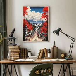Serene Japanese Landscape with Traditional Pagodas Cultural or Heritage Poster PosterGoat