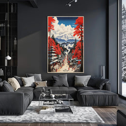 Serene Japanese Landscape with Traditional Pagodas Cultural or Heritage Poster PosterGoat