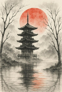 Serene Japanese Pagoda Ink Wash Cultural Heritage Poster PosterGoat