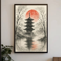 Serene Japanese Pagoda Ink Wash Cultural Heritage Poster PosterGoat