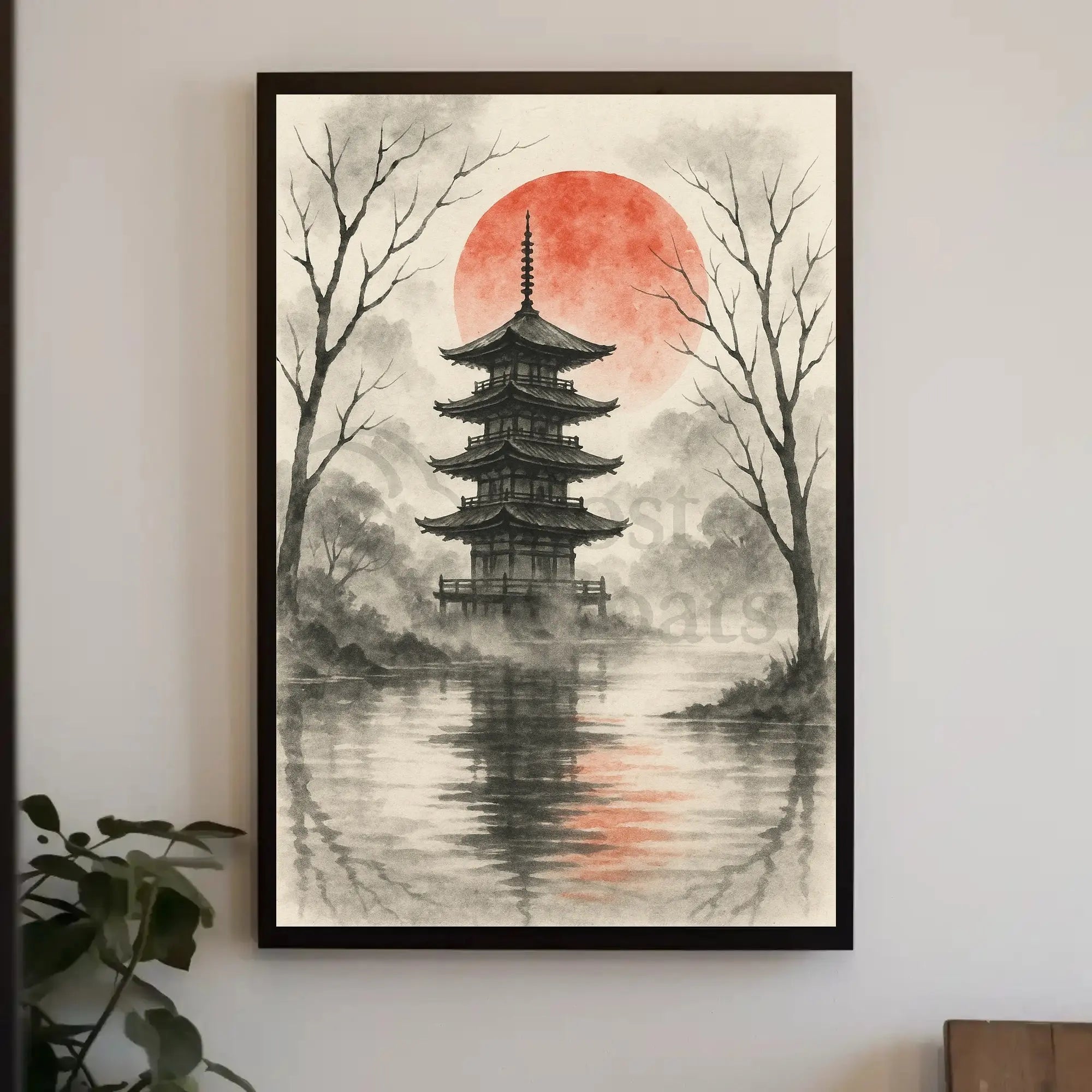 Serene Japanese Pagoda Ink Wash Cultural Heritage Poster PosterGoat