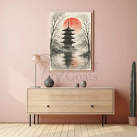 Serene Japanese Pagoda Ink Wash Cultural Heritage Poster PosterGoat