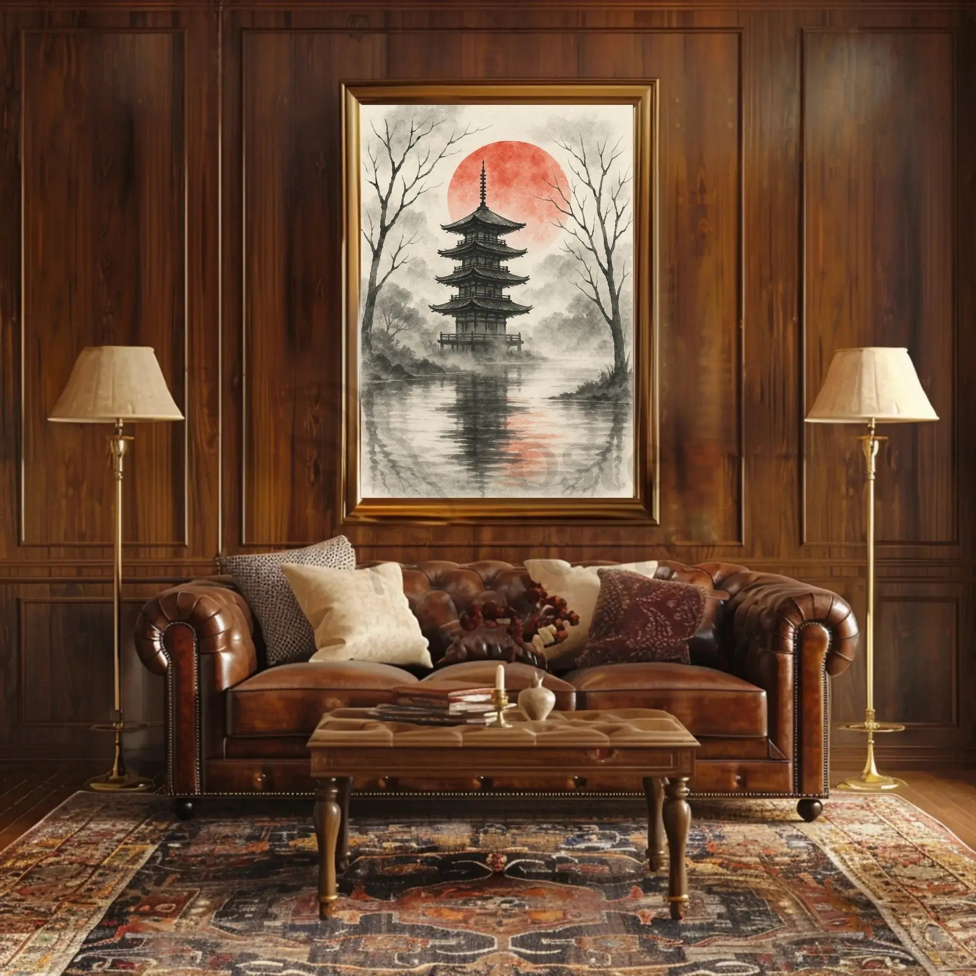 Serene Japanese Pagoda Ink Wash Cultural Heritage Poster PosterGoat